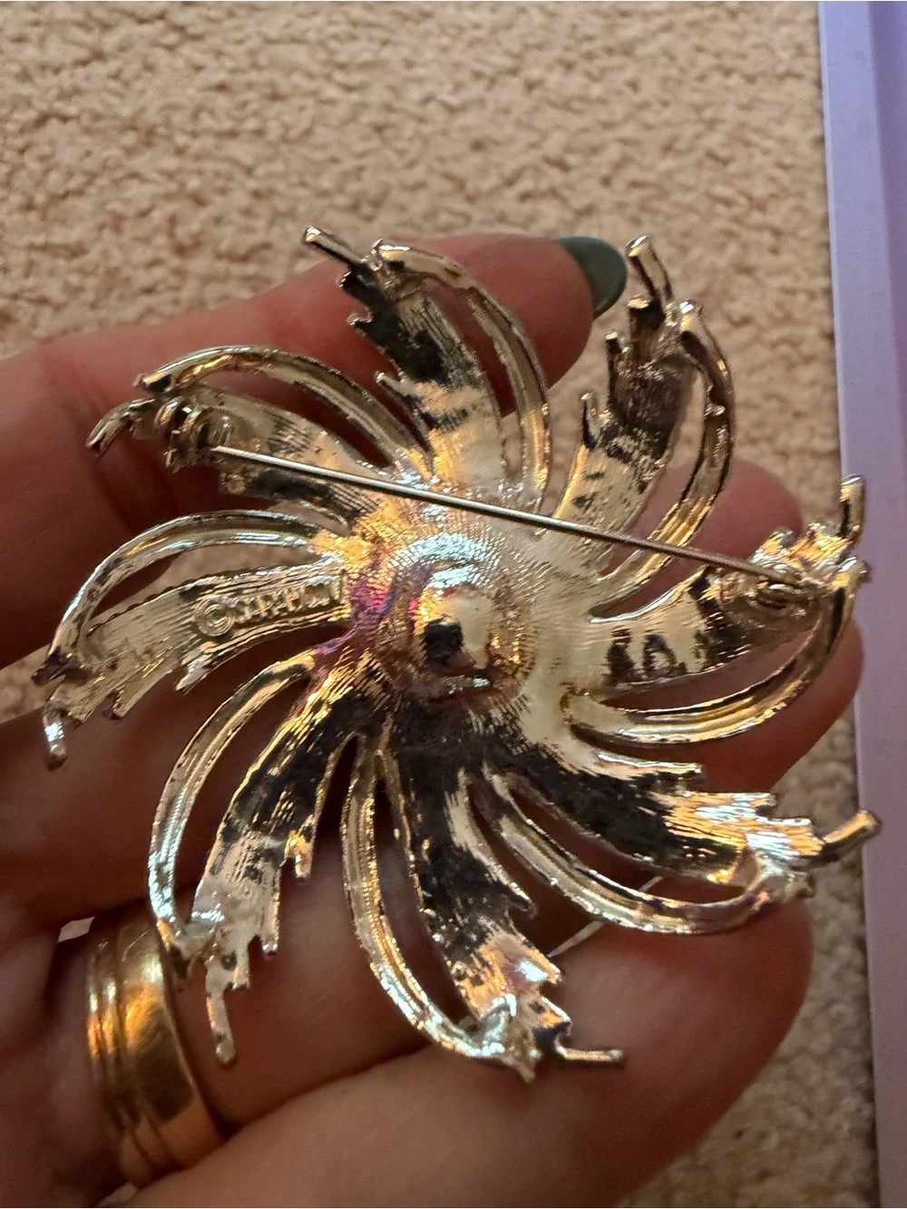 Vintage Sarah Coventry Silver Tone Pinwheel Flower Brooch Faux Pearl Signed